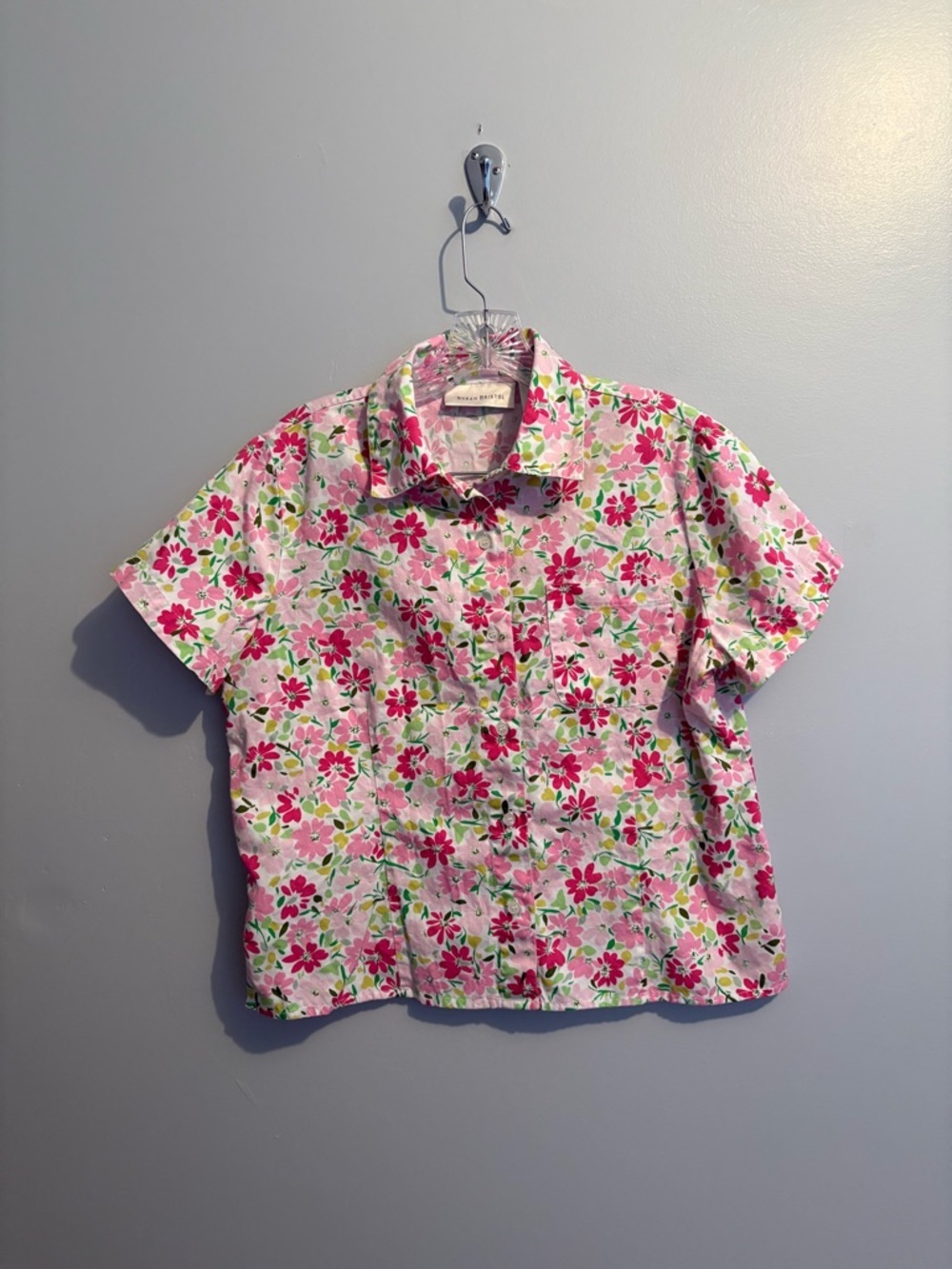 Susan Bristol Women’s Petite Large Floral Short Sleeve Button Down Blouse Pink